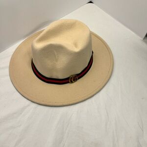 Elegant Cream Fedora with Black and Red Accent